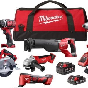 Milwaukee M18 18V Lithium-Ion Cordless Combo Tool Kit 6-Tool w 3/8 in Impact Wrench and Additional 5.0 Ah Battery