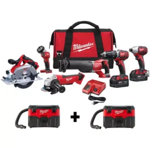 Milwaukee M18 18V Lithium-Ion Cordless Combo Tool Kit (6-Tool) with Two M18 Wet/Dry Vacuums