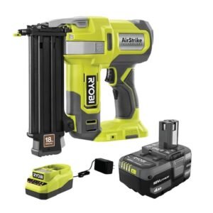 RYOBI ONE+ 18V AirStrike Cordless 16-Gauge Straight Finish Nailer with 18-Gauge Narrow Crown Stapler 2.0 Ah Battery and charger