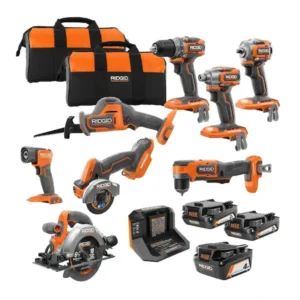 RIDGID 18V Brushless Cordless 8-Tool Combo Kit with (2) 2.0 Ah and (1) 4.0 Ah MAX Output Batteries, and Charger