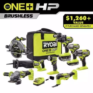 RYOBI ONE+ HP 18V Brushless Cordless 8-Tool Combo Kit w/ Batteries, Charger, & Bag w/ FREE (2) 6.0 HIGH PERFORMANCE Batteries